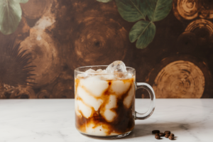 Um copo de vidro alto cheio com iced coffee cremoso, com cubos de gelo visíveis, creme espesso escorrendo suavemente pelas laterais, servido com canudo metálico, fundo desfocado em tons marrons e café, iluminação suave e ambiente aconchegante estilo coffee shop.