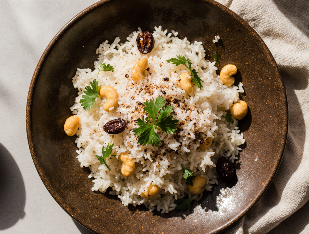 Arroz de Coco com Castanha-de-Caju e Uvas-Passas
