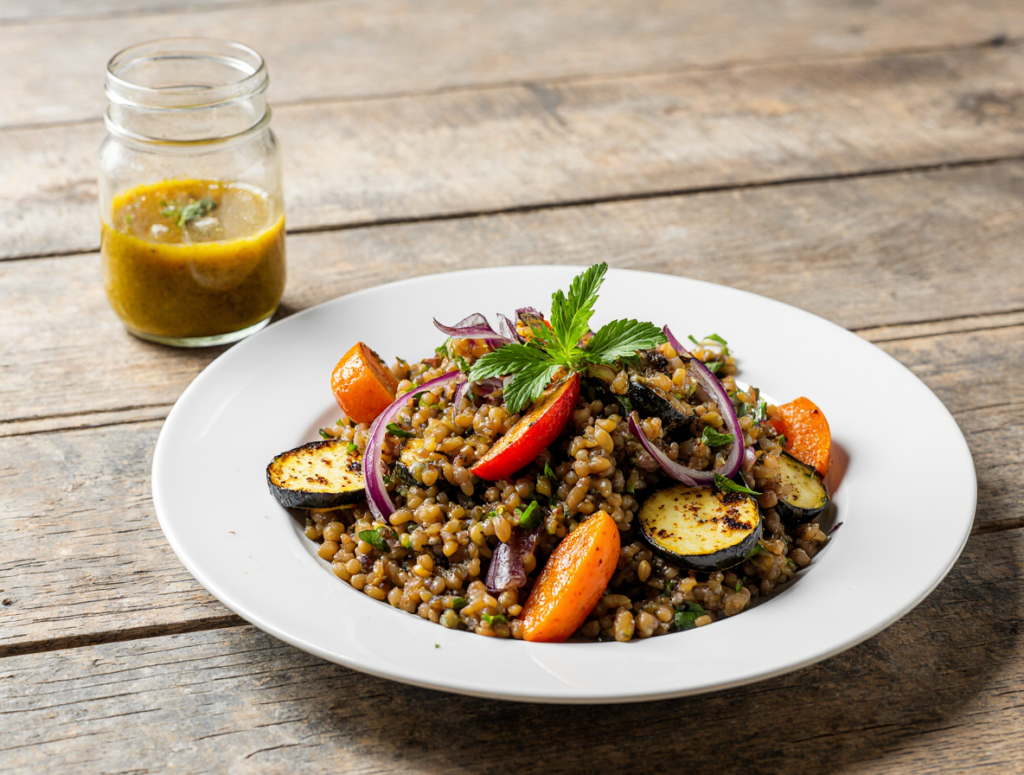 Salada Morna de Lentilha com Legumes Grelhados e Vinagrete de Mostarda