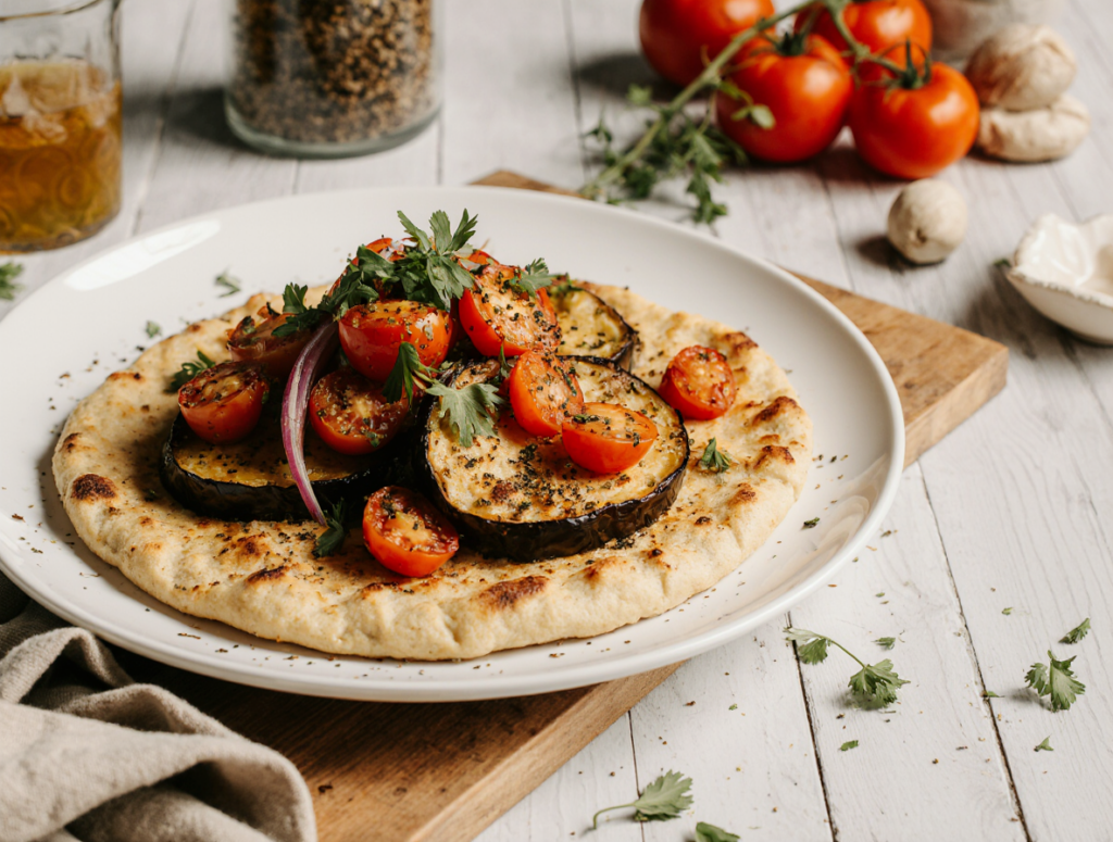 Esfiha Aberta de Berinjela com Tomate e Za’atar