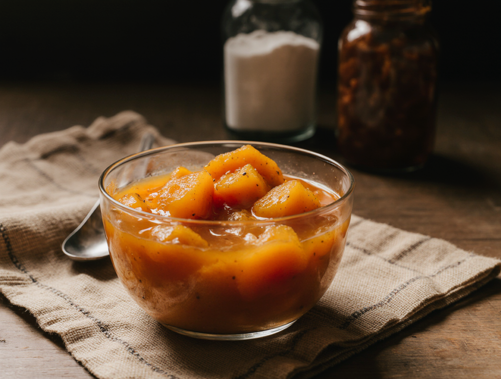 Gere uma imagem realista e apetitosa de um prato de Doce de Mamão caseiro, servido em uma tigela de vidro transparente. O doce deve ter pedaços de mamão cozidos em calda brilhante, com cor laranja intensa e textura suculenta. Ao fundo, coloque uma toalha de mesa rústica e um pote de açúcar ao lado. Iluminação suave e aconchegante para destacar o brilho da calda.